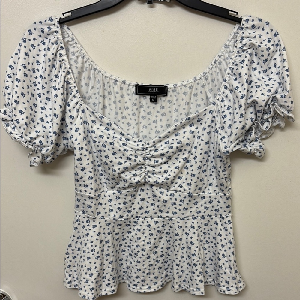Vibe Black and White Puff Sleeve Peplum Blouse
